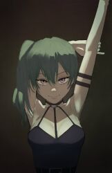  1girl arm_up armpits black_background black_dress blending claudyartt commentary dress english_commentary green_hair highres looking_at_viewer smile solo sousou_no_frieren straight-on stretching ubel_(sousou_no_frieren) 