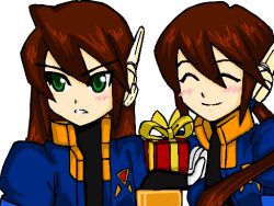  aile_(mega_man_zx) blush bodysuit brown_hair capcom closed_eyes couple gift gloves green_eyes headphones long_hair mega_man_(series) mega_man_zx mega_man_zx_advent simple_background smile vent_(mega_man)  rating:Sensitive score:5 user:BlackKing&WhiteQueen