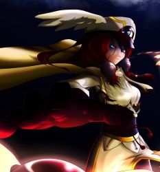  1girl arc_system_works bad_id bad_pixiv_id blazblue blazblue:_continuum_shift blue_eyes cape darkness foreshortening hat long_hair outstretched_hand rabeat red_hair serious solo tsubaki_yayoi wings 