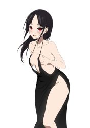  1girl alternate_costume bare_shoulders black_dress black_hair blush breast_hold breasts collarbone commentary coro_fae dress embarrassed english_commentary evening_gown forehead hands_on_own_breasts highleg highleg_dress highres kaguya-sama_wa_kokurasetai_~tensai-tachi_no_renai_zunousen~ leaning_forward looking_at_viewer medium_breasts medium_hair nervous_smile nipple_slip nipples open_mouth parted_bangs red_eyes shinomiya_kaguya side_slit simple_background smile solo standing sweatdrop thighs white_background  rating:Questionable score:192 user:danbooru