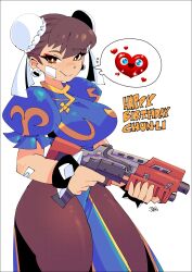  1girl absurdres black_pantyhose bracelet breasts bun_cover capcom chun-li double_bun eyeshadow fortnite gun hair_bun happy_birthday heart highres holding holding_gun holding_weapon jewelry jiansketch large_breasts makeup pantyhose puffy_short_sleeves puffy_sleeves red_eyeshadow short_sleeves smile solo speech_bubble spiked_bracelet spikes spoken_heart street_fighter thick_thighs thighs weapon white_background 