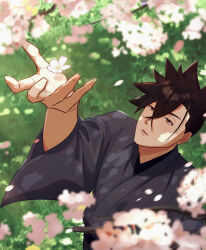  1boy black_hair cherry_blossoms day from_above grass grey_kimono hair_between_eyes highres japanese_clothes kimono kurima_raizou looking_up male_focus nakukaba outdoors petals red_eyes revenger solo spiked_hair wide_sleeves 