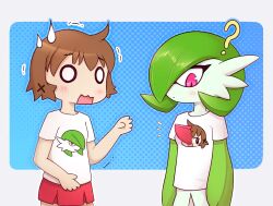 2girls ? ancesra arms_at_sides blank_eyes blue_background blush bob_cut border brown_hair character_print closed_mouth clothed_pokemon colored_skin comedic_sweatdrop commission commissioner_upload creatures_(company) crossover dot_mouth female_focus flat_chest game_freak gardevoir gen_3_pokemon gradient_background green_hair green_skin hair_ornament hair_over_one_eye hand_up hidamari_sketch light_blush looking_at_self looking_down miniskirt multicolored_skin multiple_girls nervous nintendo notice_lines o_o one_eye_covered open_mouth outline outside_border pleated_skirt pokemon pokemon_(creature) red_skirt shirt short_hair short_sleeves sidelocks simple_background skirt standing torn_clothes torn_shirt transparent_border trembling two-tone_skin upper_body wavy_mouth white_eyes white_shirt white_skin x_hair_ornament yuno_(hidamari_sketch)