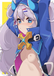  1girl absurdres blue_eyes blush breasts chiliarch_(elsword) demon_girl demon_horns elsword hair_ornament hairclip highres hood hoodie horns long_hair looking_at_viewer luciela_r._sourcream midriff navel nipples no_bra open_clothes simple_background small_breasts solo star-shaped_pupils star_(symbol) symbol-shaped_pupils unzipped very_long_hair white_hair  rating:Questionable score:25 user:Mopsikus