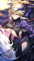 1girl arm_up artoria_pendragon_(fate) artoria_pendragon_(lancer_alter)_(fate) blonde_hair braid breasts cape cleavage commission fate/grand_order fate_(series) french_braid herigaru_(fvgyvr000) highres horns horseback_riding llamrei_(fate) looking_at_viewer rhongomyniad_(fate) riding skeb_commission stomach underboob weapon yellow_eyes rating:Sensitive score:18 user:danbooru
