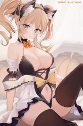  1girl alternate_breast_size animal_ear_fluff animal_ears bandages barbara_(genshin_impact) bare_shoulders black_thighhighs blonde_hair blue_eyes breasts cat_ears cat_girl cleavage clothing_cutout genshin_impact hairband halloween halloween_costume halterneck highres kana_yukino knee_up large_breasts looking_at_viewer navel navel_cutout revealing_clothes solo thick_thighs thighhighs thighs twintails  rating:Sensitive score:86 user:danbooru