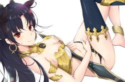  1girl barefoot black_hair black_thighhighs blush breasts cleavage closed_mouth earrings fate/grand_order fate_(series) hoshimiya_mashiro ishtar_(fate) jewelry large_breasts long_hair looking_at_viewer navel red_eyes smile solo thighhighs tohsaka_rin  rating:Sensitive score:14 user:danbooru