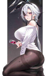  1girl animal_ears arlecchino_(genshin_impact) ass bare_shoulders black_hair blush breasts cup drinking_glass fake_animal_ears fantongjun genshin_impact grey_eyes highres large_breasts long_hair looking_at_viewer multicolored_hair off_shoulder pantyhose rabbit_ears red_pupils solo streaked_hair symbol-shaped_pupils white_hair wine_glass x-shaped_pupils 