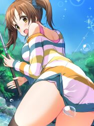  1girl ass ass_focus back blue_scrunchie blue_sky blurry blush breasts brown_eyes brown_hair clothes_lift depth_of_field dot_nose dress fishing fishing_line fishing_rod from_behind hair_ornament hair_scrunchie highres holding holding_fishing_rod idolmaster idolmaster_cinderella_girls idolmaster_cinderella_girls_starlight_stage large_breasts leaning_forward lens_flare long_hair long_sleeves looking_at_another looking_back multicolored_clothes multicolored_dress natsuya_(natuya777) open_mouth outdoors pink_shirt rock scrunchie shirt shy single_bare_shoulder single_off_shoulder skirt skirt_lift sky sleeveless sleeveless_shirt solo sparkle splashing strap_slip striped_clothes striped_dress totoki_airi tree twintails water 