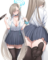 1girl ass asuna_(blue_archive) black_garter_straps black_thighhighs blue_archive blue_eyes blush breasts cleavage collarbone collared_shirt commentary_request garter_straps grey_skirt halo hand_up highres large_breasts long_hair long_sleeves looking_at_viewer multiple_views parted_lips pleated_skirt shirt shirt_tucked_in shougun_(chuckni1) simple_background skirt smile soles thighhighs thighs white_background rating:Sensitive score:47 user:danbooru