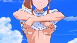 15_bishoujo_hyouryuuki animated animated_gif asou_saori bouncing_breasts breasts brown_hair long_hair nipples ponytail sky undressing rating:Explicit score:108 user:fapsam