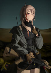  1girl absurdres alter_sang antennae assault_rifle black_shirt black_shorts blush breasts brown_gloves brown_hair cowboy_shot fang girls&#039;_frontline gloves grey_jacket gun hair_between_eyes headset highres holding holding_gun holding_weapon jacket long_sleeves looking_at_viewer m4_sopmod_ii_(girls&#039;_frontline) multicolored_hair night off_shoulder open_clothes open_jacket outdoors parted_lips rail_(weapon) red_eyes red_hair rifle scope shirt shorts skin_fang sky sleeveless sleeveless_shirt small_breasts solo star_(sky) starry_sky streaked_hair weapon 