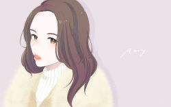  1girl blush brown_cardigan brown_eyes brown_hair cardigan drop_shadow eyelashes freckles highres lipstick long_hair looking_at_viewer makeup miko35 original parted_lips portrait purple_background ribbed_sweater simple_background solo sweater white_sweater 