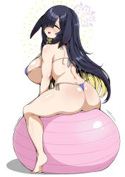 1girl :d ^_^ ass back ball bare_arms bare_legs barefoot bikini black_hair blonde_hair blue_archive blunt_bangs blush breasts closed_eyes colored_inner_hair commentary_request covered_erect_nipples exercise_ball facing_viewer from_behind full_body hair_over_one_eye head_tilt highres large_breasts long_hair lop_rabbit_ears micro_bikini motion_lines multicolored_hair open_mouth rabbit_ears rabbit_girl shiny_skin simple_background sitting_on_ball smile solo strap_gap string_bikini swimsuit thong_bikini tonta tsukuyo_(blue_archive) two-tone_hair white_background  rating:Questionable score:30 user:danbooru