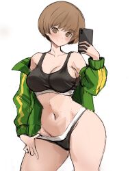  1girl bikini black_bikini black_sports_bra brown_eyes brown_hair cellphone commentary cowboy_shot english_commentary green_jacket hand_up highres holding holding_phone jacket looking_at_viewer navel open_clothes open_jacket persona persona_4 phone rakeemspoon satonaka_chie selfie simple_background sketch smartphone smile solo sports_bra swimsuit thick_thighs thighs track_jacket white_background 