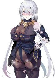  1girl armor atelier_(series) atelier_ryza atelier_ryza_1 bad_id bad_twitter_id bare_shoulders blush bodysuit breasts closed_mouth colored_skin cowboy_shot fur_collar hair_ornament hair_over_one_eye hairclip hand_on_own_hip ikuchan_kaoru large_breasts lila_decyrus long_hair looking_at_viewer low_twintails multicolored_skin parted_lips plump purple_eyes silver_hair simple_background skindentation solo twintails very_long_hair white_background  rating:Sensitive score:48 user:danbooru