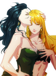  2girls ahoge bad_id bad_pixiv_id bare_arms bare_shoulders black_hair blonde_hair breasts cleavage collarbone diarmuid_ua_duibhne_(lancer)_(fate) dress earrings fate/zero fate_(series) female_focus genderswap genderswap_(mtf) gilgamesh-ko gilgamesh_(fate) green_dress hand_on_another&#039;s_head hand_on_own_chest hand_on_own_hip head_grab jewelry killedcat lips lipstick long_hair looking_at_viewer makeup midriff mole mole_under_eye multiple_girls nail_polish neck pink_lips red_eyes simple_background small_breasts smile strapless strapless_dress underboob upper_body white_background yellow_eyes yuri 