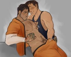  2boys abs bara bare_pectorals beard_stubble black_tank_top blush character_request couple crotch_grab dark-skinned_male dark_skin facial_hair from_side hairy hand_in_pants highres interracial large_pectorals male_focus mature_male mortal_kombat_(series) mortal_kombat_1_(2023) motion_lines multiple_boys muscular muscular_male navel navel_hair nico_(velcromancy) nipples open_clothes open_shirt pectorals penis penis_peek seductive_smile short_hair smile sparse_chest_hair sparse_navel_hair stomach stubble tank_top thick_eyebrows yaoi  rating:Explicit score:2 user:danbooru