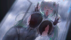  1girl absurdres against_glass alternate_breast_size blush breast_press breasts breasts_on_glass demon_girl eyes_visible_through_hair green_eyes hatsune_miku highres housou-kun huge_breasts large_breasts licking looking_at_viewer multicolored_hair nipples open_mouth parasite saliva saliva_trail solo twintails vocaloid  rating:Questionable score:35 user:danbooru