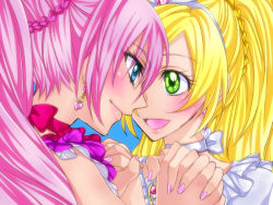 10s 2girls blonde_hair blue_eyes blush choker couple cure_melody cure_rhythm earrings eye_contact eyelashes face-to-face green_eyes hairband holding_hands houjou_hibiki jewelry lips long_hair looking_at_another magical_girl minamino_kanade multiple_girls pink_hair ponytail portrait precure profile roy_(pixiv328934) smile suite_precure white_choker yuri rating:Sensitive score:5 user:danbooru