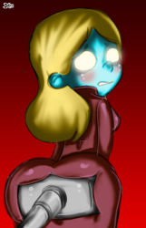  1girl ass blonde_hair blue_skin blush colored_skin count-darkhugs cowboy_shot from_behind frown ghost glowing glowing_eyes gradient_background highres long_hair looking_at_viewer looking_back luigi&#039;s_mansion mario_(series) melody_pianissima monster_girl nintendo no_pupils oddrich red_background simple_background solo standing super_mario_bros._1 vacuum_cleaner yellow_eyes  rating:Questionable score:17 user:Popon13