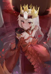  1girl absurdres awilin bare_shoulders blush braid breasts chalice crown cup dragon_tail dress facial_mark fate/grand_order fate_(series) french_braid hair_intakes highres looking_at_viewer looking_back medium_hair nero_claudius_(fate) nero_claudius_(fate)_(all) queen_draco_(fate) queen_draco_(first_ascension)_(fate) red_dress scales small_breasts solo tail veil 