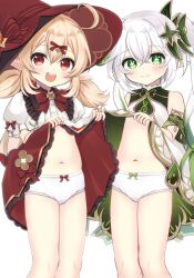  2girls bare_shoulders blonde_hair bow bow_panties closed_mouth clothes_lift commentary_request crossed_bangs detached_sleeves dress dress_lift feet_out_of_frame female_focus frilled_dress frills genshin_impact green_bow green_eyes green_hair hair_between_eyes hat highres klee_(blossoming_starlight)_(genshin_impact) klee_(genshin_impact) lifted_by_self loli long_hair multicolored_hair multiple_girls nahida_(genshin_impact) navel official_alternate_costume open_mouth ozu_yugurou paid_reward_available panties pointy_ears puffy_short_sleeves puffy_sleeves red_bow red_eyes red_headwear short_sleeves side_ponytail simple_background standing streaked_hair teeth twintails underwear upper_teeth_only white_background white_panties witch_hat 