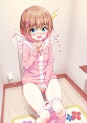 1girl blue_eyes brown_hair clothes_pull hair_ornament heart heart_hair_ornament looking_at_viewer no_pussy onii-chan_daisuki! pajamas panties pants pants_pull panty_pull pussy pussy_peek short_hair sitting surprised tears toilet toilet_paper toilet_use uncensored underwear wataya_rio white_panties rating:Explicit score:46 user:122_2ec2ds2s