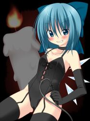  1girl bdsm blue_hair blush cirno collar dominatrix flat_chest non-web_source oniku_(shimofuri-ke) smug solo touhou whip 