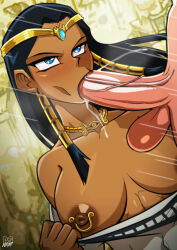  1boy 1girl :&gt;= artist_logo black_hair blue_eyes blush breasts clothes_pull collarbone cum cum_in_mouth dark-skinned_female dark_skin dress dress_pull ejaculation eyebrows eyelashes eyeliner fellatio hetero interracial ishizu_ishtar jewelry large_breasts large_penis long_hair looking_at_another looking_up makeup motion_lines necklace nipple_piercing nipples off-shoulder_dress off_shoulder oral penis piercing ponpu_(pumpkinsinclair) pulling_own_clothes sidelocks solo_focus testicles upper_body white_dress yu-gi-oh! yu-gi-oh!_duel_monsters  rating:Explicit score:25 user:Only_Kemonomimi