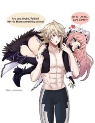  1boy 1girl abs ankle_boots ass blonde_hair blue_eyes blush boots bridal_gauntlets cape carrying carrying_over_shoulder carrying_person corrin_(fire_emblem) corrin_(male)_(fire_emblem) english_text felicia_(fire_emblem) fire_emblem fire_emblem_fates from_behind headdress high_heel_boots high_heels long_hair maid maid_headdress nintendo open_mouth panties pants pink_hair pointy_ears red_eyes rein_creamsoda short_hair skirt thighhighs underwear very_long_hair 