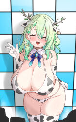 1girl alternate_breast_size alternate_costume animal_ears animal_print antlers bikini braid breasts ceres_fauna cleavage closed_eyes closed_mouth cow_ears cow_print cow_print_bikini cow_print_gloves cow_print_thighhighs detached_collar earrings elbow_gloves flower gloves green_hair hair_flower hair_ornament highres hololive hololive_english horns huge_breasts jewelry kani_bonara navel open_mouth plump print_bikini print_gloves print_thighhighs smile solo sweat sweatdrop swimsuit thick_thighs thighhighs thighs virtual_youtuber w