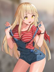 1girl 33zuku :o absurdres badge bang_dream! bare_legs blonde_hair blurry blurry_background breasts cowboy_shot denim diagonal_bangs highres huge_filesize leaning_forward lifted_by_self long_hair looking_to_the_side medium_breasts open_mouth overall_shorts overalls pulled_by_self red_shirt shirt short_sleeves sidelocks solo standing strap_lift strap_pull striped_clothes striped_shirt t-shirt teeth thighs tsurumaki_kokoro upper_teeth_only very_long_hair wristband yellow_eyes