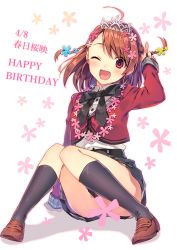  1girl ;d ahoge bad_id bad_pixiv_id black_socks blush braid brown_footwear brown_hair censored character_name cropped_jacket crown dated floral_background flower flower_necklace hair_flower hair_ornament happy_birthday jewelry kasuga_sae kneehighs looking_at_viewer natsu_natsuna necklace one_eye_closed open_mouth purple_eyes red_eyes ribbon school_uniform shoes sitting skirt smile socks solo tiara trinity_tempo  rating:Sensitive score:5 user:roaddog