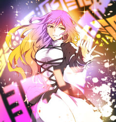 1girl breasts highres hijiri_byakuren ichizen_(o_tori) large_breasts long_hair long_sleeves multicolored_hair offering_hand one-hour_drawing_challenge puffy_long_sleeves puffy_sleeves purple_hair smile solo touhou two-tone_hair yellow_eyes