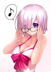  1girl adjusting_eyewear bad_id bad_pixiv_id bare_shoulders bikini black-framed_eyewear blush breasts cleavage closed_mouth collarbone dress dress_swimsuit eyes_visible_through_hair fate/grand_order fate_(series) glasses hair_over_one_eye halftone halftone_background halterneck hands_up highres hyp light_purple_hair light_smile long_sleeves looking_at_viewer mash_kyrielight mash_kyrielight_(swimsuit_of_perpetual_summer) medium_breasts musical_note official_alternate_costume one-piece_swimsuit pink_ribbon purple_eyes quaver ribbon short_hair sleeves_past_wrists smile solo speech_bubble spoken_musical_note swimsuit tareme upper_body white_bikini white_dress white_one-piece_swimsuit 