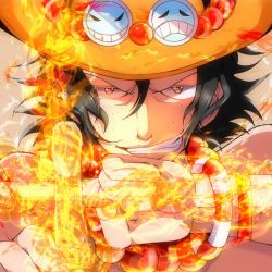  1boy black_hair fire freckles grin hat looking_at_viewer male_focus namatyoco one_piece portgas_d._ace smile solo  rating:Sensitive score:6 user:oiyayayo