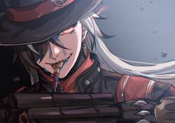  11524tene 1boy black_hair black_jacket blue_liquid boothill_(honkai:_star_rail) bullet bullet_earrings bullet_in_mouth cowboy cowboy_hat earrings finger_gun gun hat highres honkai:_star_rail honkai_(series) jacket jewelry licking_object long_hair looking_at_viewer mole mole_under_eye multicolored_hair one_eye_covered red_eyes sharp_teeth simple_background teeth tongue tongue_out two-tone_hair weapon western white_hair zipper 