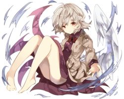  1girl artistic_error asada_sadao ass bad_id bad_twitter_id bare_legs barefoot bow bowtie braid dress full_body jacket kishin_sagume knees_up legs long_sleeves looking_at_viewer md5_mismatch purple_dress red_eyes resized short_hair silver_hair simple_background single_wing solo thighs touhou white_background wings  rating:Sensitive score:3 user:danbooru