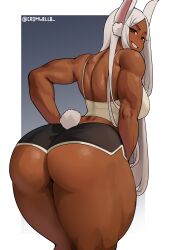  1girl absurdres animal_ears ass ass_focus bare_shoulders black_shorts boku_no_hero_academia border breasts clothing_cutout commentary cromwellb dark-skinned_female dark_skin dolphin_shorts english_commentary from_behind hands_on_own_hips highres huge_ass large_breasts leaning_forward long_eyelashes long_hair looking_at_viewer median_furrow mirko parted_bangs rabbit_ears rabbit_girl rabbit_tail red_eyes short_shorts shorts smile solo tail tail_through_clothes tank_top thick_thighs thighs toned twitter_username white_border white_hair white_tank_top  rating:Sensitive score:145 user:danbooru