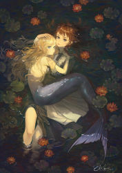  2girls afloat apron bare_arms black_dress blonde_hair blue_eyes breasts brown_hair chinese_commentary clothed_female_nude_female commentary_request dress expressionless flower from_above hand_on_another&#039;s_head hug iogi_(edrin_alfari) lily_pad long_hair long_sleeves looking_at_viewer looking_to_the_side lying lying_on_person maid mermaid mixed-language_commentary monster_girl multiple_girls nude on_back on_side orange_flower original partially_submerged pointy_ears red_lips sideboob signature small_breasts water wavy_hair  rating:Sensitive score:6 user:danbooru