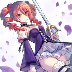 1girl amy_sorel bare_shoulders breasts choker commentary detached_sleeves dress drill_hair flower frilled_dress frills fuepo hair_flower hair_ornament highres holding holding_sword holding_weapon looking_at_viewer orange_eyes orange_hair petals rapier small_breasts solo soul_calibur sword thighhighs twin_drills weapon zettai_ryouiki rating:Sensitive score:14 user:danbooru