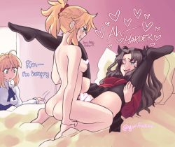  3girls ahoge artist_name artoria_pendragon_(all) artoria_pendragon_(fate) ass bed black_hair black_thighhighs blonde_hair blue_eyes blush braid breasts bright_pupils censored clothed_sex english_text fate/apocrypha fate/stay_night fate_(series) french_braid full_body futa_with_female futanari green_eyes heart henemimi kneeling legs_up long_hair long_sleeves looking_at_another lying missionary mordred_(fate) mordred_(fate/apocrypha) mother_and_daughter multiple_girls nude on_back on_bed one_eye_closed open_mouth paid_reward_available pillow ponytail saber_(fate) sex skirt small_breasts spread_legs standing sweatdrop teeth thighhighs tohsaka_rin tongue twitter_username upper_body vaginal walk-in watermark  rating:Explicit score:363 user:danbooru