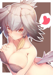 10s 1girl arched_back ass bird_tail blush bra breast_hold breasts butt_crack cleavage collarbone feathers grabbing_own_breast grey_bra grey_hair grey_panties hair_between_eyes hair_flaps head_wings heart highres if_(asita) kemono_friends large_breasts panties shoebill_(kemono_friends) side_ponytail solo tail tatapopo thought_bubble twintails underwear wings yellow_eyes rating:Questionable score:30 user:danbooru