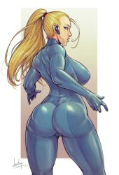  1girl antenna_hair ass blonde_hair blue_bodysuit blue_eyes bodysuit cameltoe devilhs earpiece eyelashes from_behind highres huge_ass impossible_bodysuit impossible_clothes long_hair looking_back metroid muscular muscular_female nintendo ponytail samus_aran shiny_clothes skin_tight solo thick_thighs thighs zero_suit  rating:Questionable score:88 user:danbooru