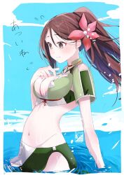  1girl amagi_(kancolle) artist_logo belly breasts brown_eyes brown_hair cleavage crop_top flower green_shirt hair_flower hair_ornament kantai_collection kimura_shiki long_hair medium_breasts midriff navel one-hour_drawing_challenge ponytail red_flower shirt solo 