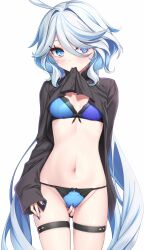 1girl ahoge black_shirt blue_bra blue_eyes blue_hair blue_nails blue_panties blush bow bow_bra bow_panties bra breasts closed_mouth clothes_in_mouth clothes_lift commentary_request drop-shaped_pupils furina_(genshin_impact) genshin_impact grey_hair groin hair_intakes hair_over_one_eye heterochromia highres long_hair long_sleeves looking_at_viewer medium_breasts mouth_hold multicolored_hair nail_polish navel panties shirt shirt_in_mouth shirt_lift simple_background skindentation sleeves_past_wrists solo symbol-shaped_pupils thigh_strap two-tone_hair underwear very_long_hair white_background yoye_(pastel_white)
