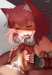  1boy 1girl animal_ears artist_name bad_id bad_pixiv_id belko black_gloves blush breasts breasts_squeezed_together breath cat_ears closed_eyes clulu_aluminal cum cum_on_body cum_on_breasts cum_on_upper_body ejaculation fang fingerless_gloves gloves hair_between_eyes heavy_breathing hetero kanpani_girls large_breasts open_mouth paizuri paizuri_under_clothes penis pubic_hair red_hair shade signature solo_focus sweat  rating:Explicit score:60 user:danbooru