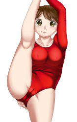  1girl arbitan arm_up bad_id bad_pixiv_id breasts brown_eyes brown_hair cameltoe cleft_of_venus covered_erect_nipples gymnast_leotard hand_on_own_ass highres large_breasts leg_up leotard looking_at_viewer red_leotard short_hair simple_background smile split thighs white_background  rating:Questionable score:5 user:1988