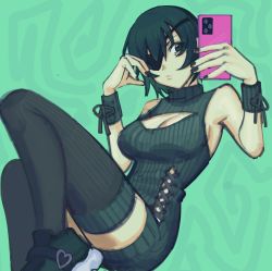  black_nails chainsaw_man clothing_cutout eyepatch green_background green_eyes highres himeno_(chainsaw_man) holding holding_phone liowig nail_polish phone selfie shoes simple_background sneakers sweater thighhighs turtleneck turtleneck_sweater wrist_cuffs  rating:Sensitive score:15 user:damnoranges